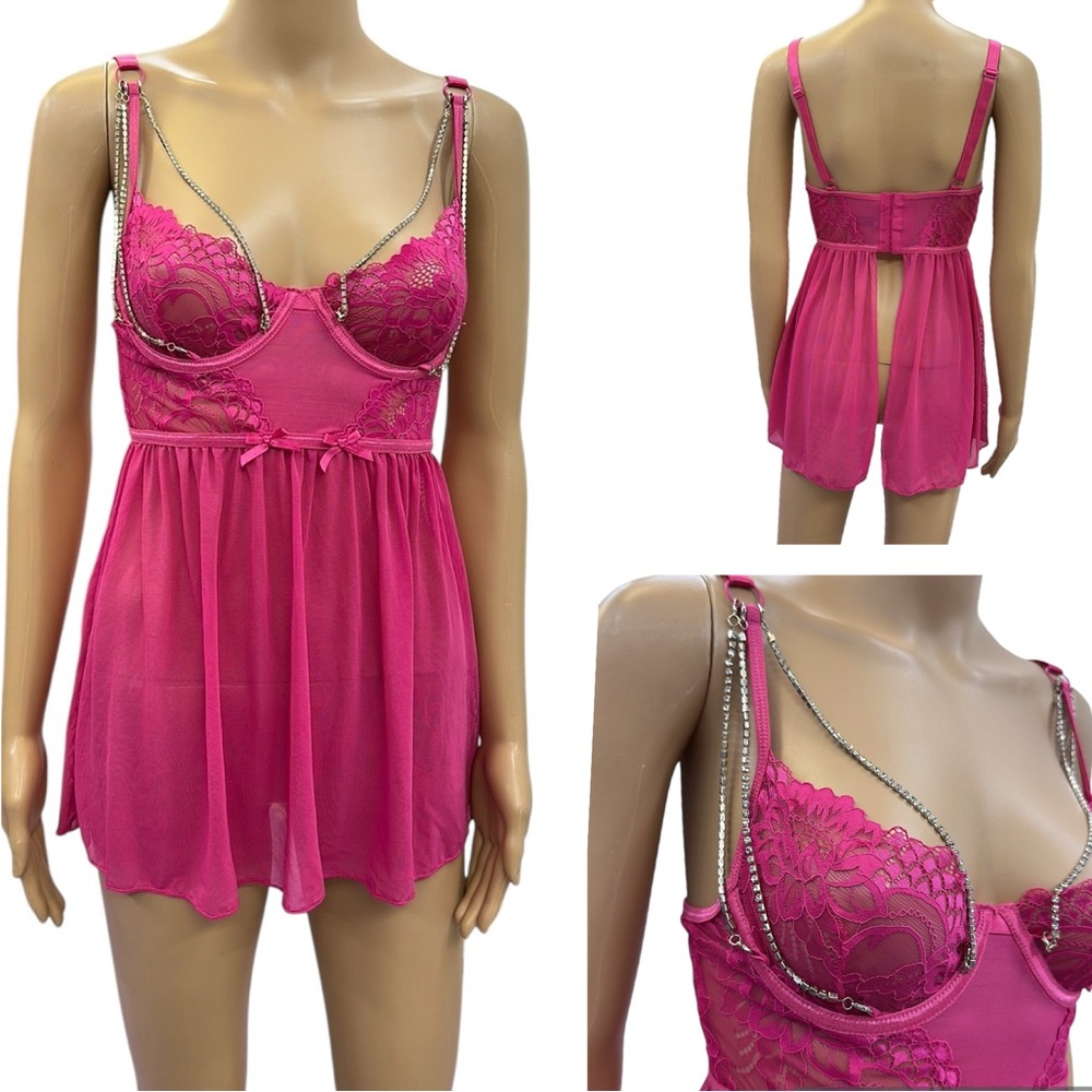 Seven Til Midnight Pink Babydoll Lace Mesh Rhinestone Chain Lingerie Top Size M